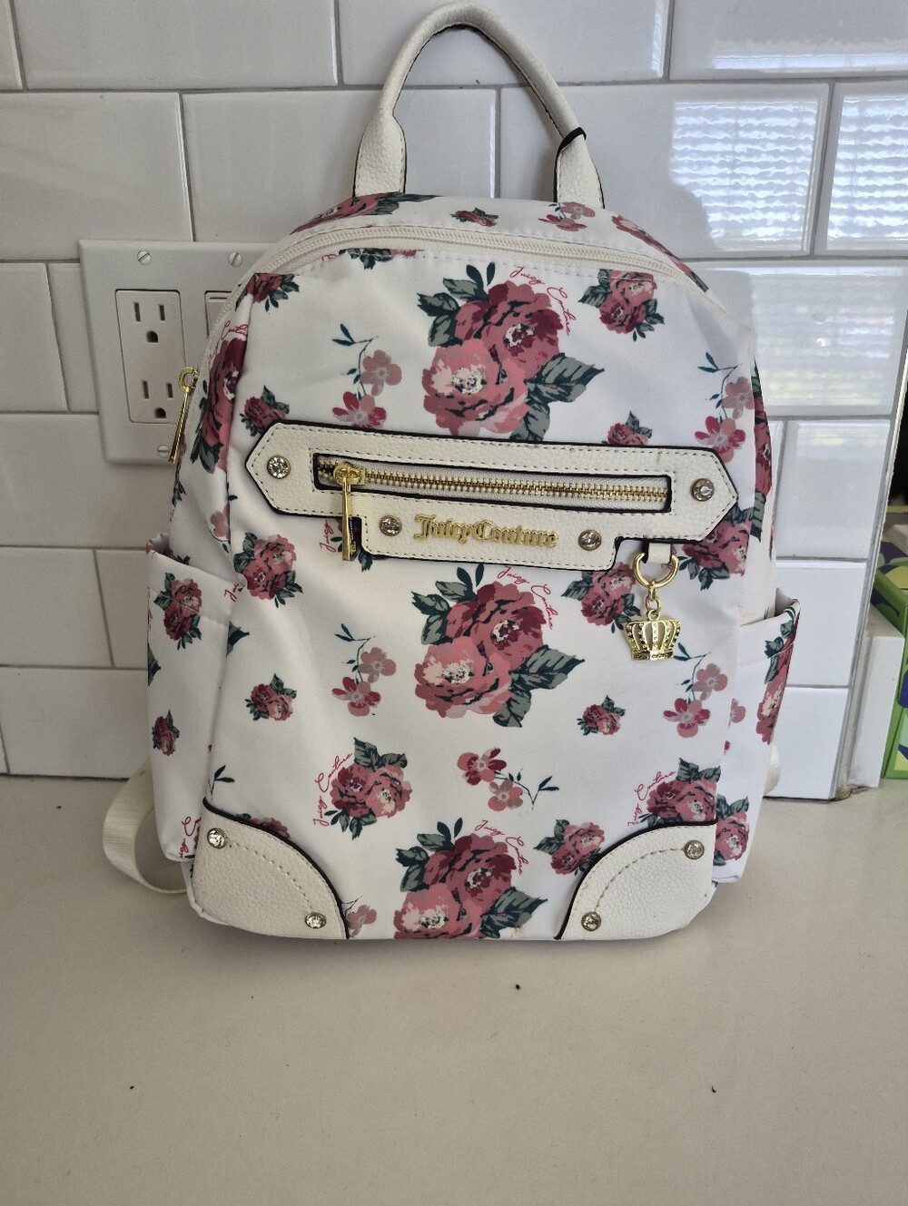 New- Juicy Couture- White/Red Roses Jeweled Medium Backpack Floral Backpack - Picture 1 of 9